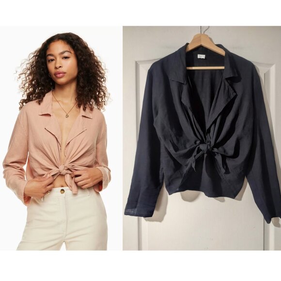 Aritzia Wilfred Free | Aperitif Tie-front Linen Top In Black - Picture 1 of 10